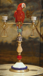 FH&HOME Art Deco Red Parrot Balance Double Candle Holder - Vintage Brass Frame