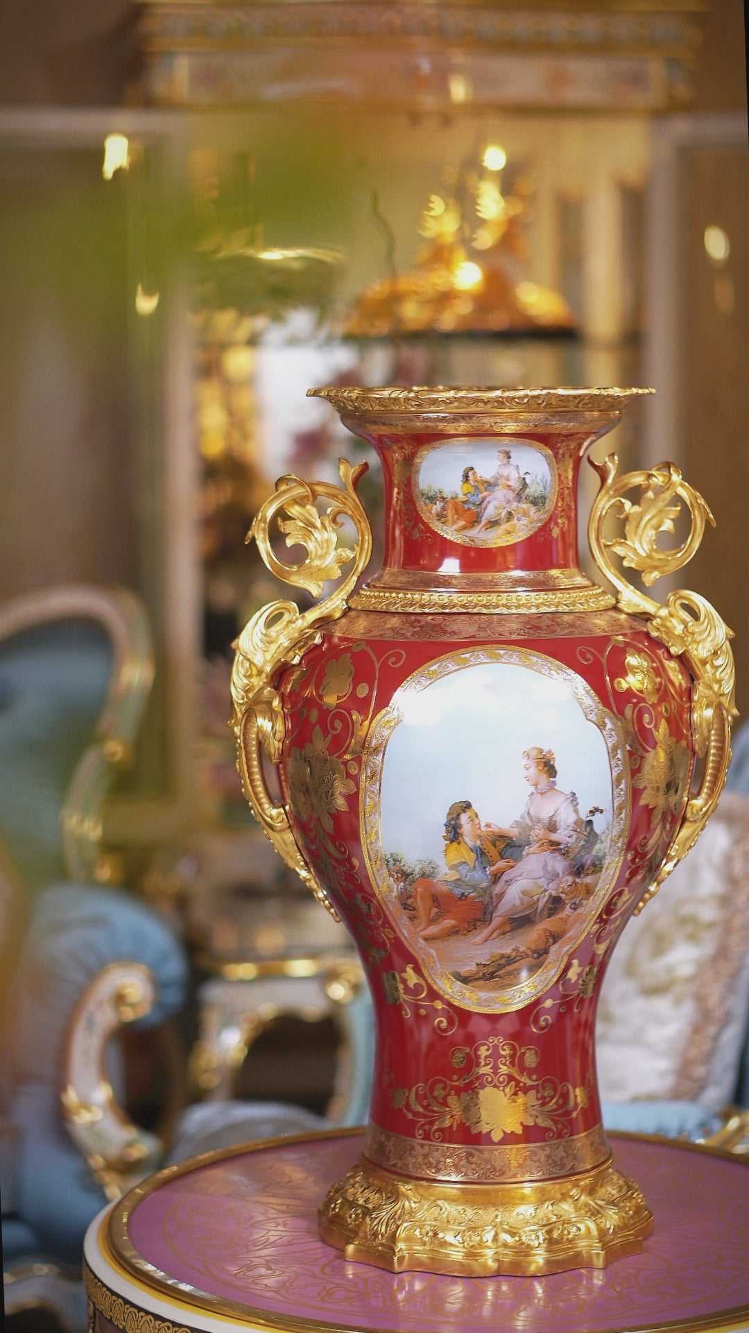 FH&HOME Imperial Red Baroque Vase - Copper-Mounted Porcelain with Gilded Accents