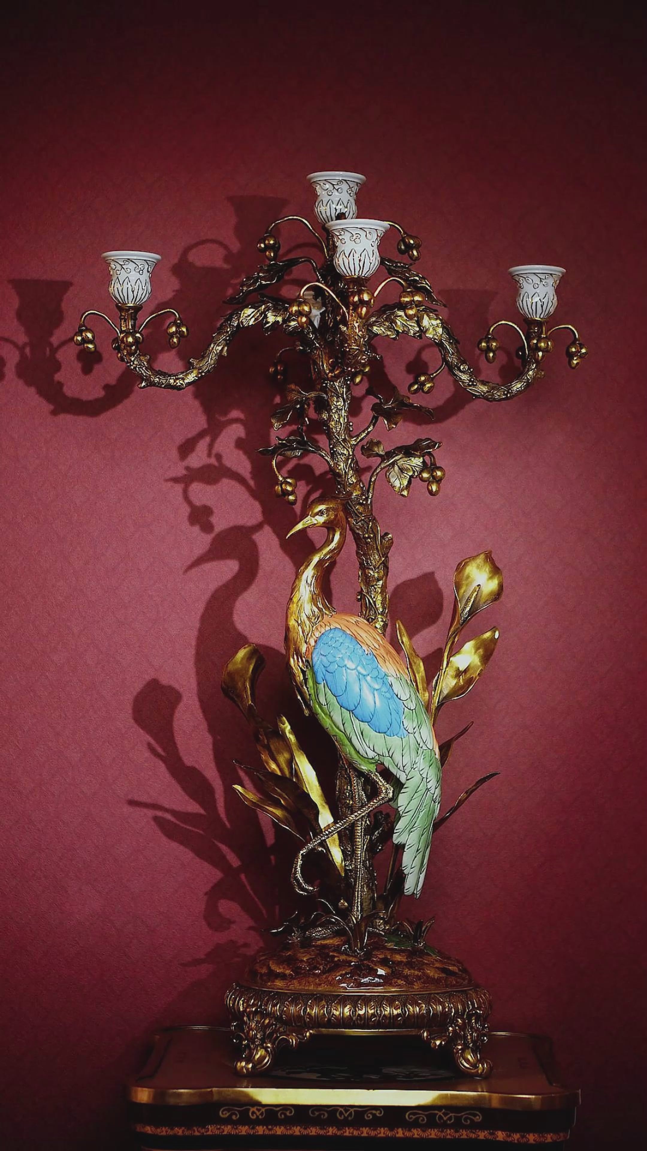 FH&HOME Artistic Colorful Crane 5-Arm Candelabra - Gilded Frame