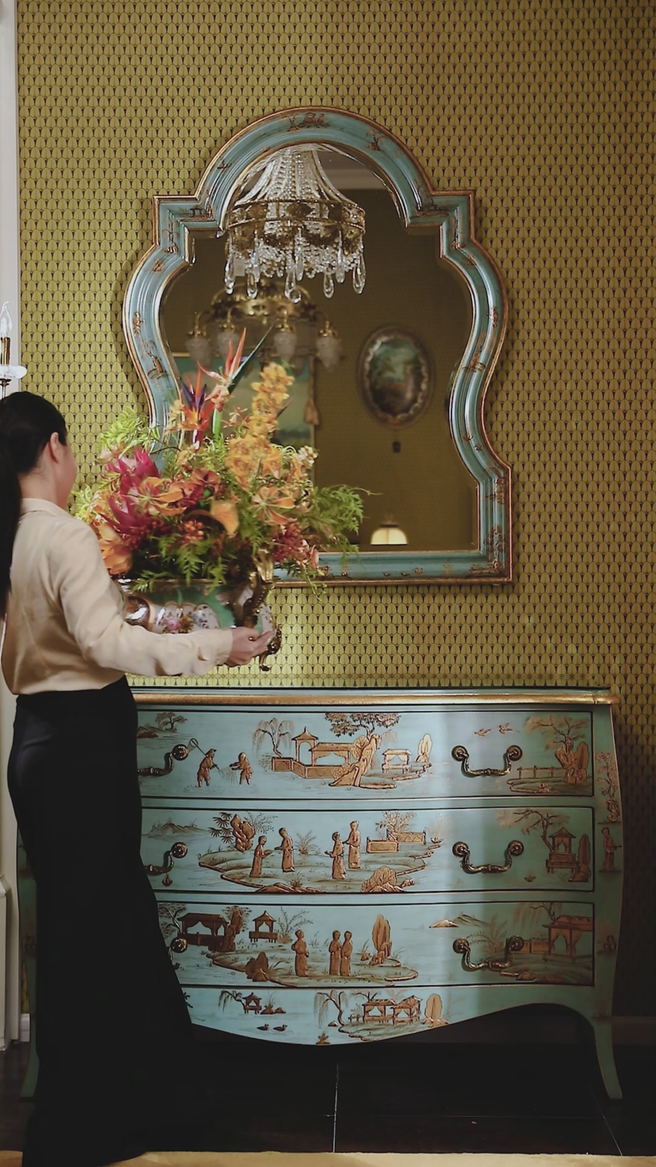 FH&HOME Marlene Series Gold Painted Chinoiserie Console Cabinet