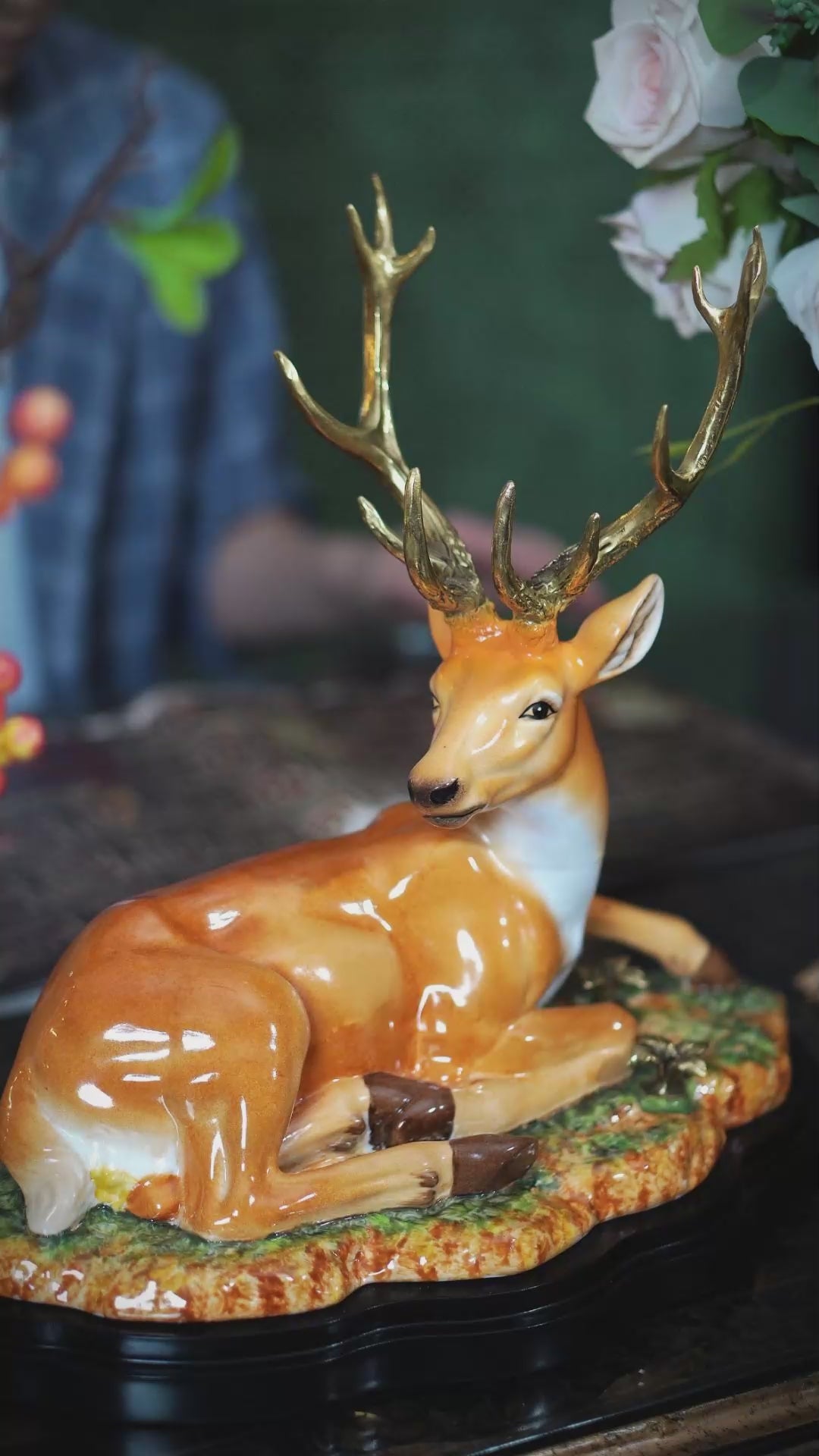 FH&HOME Luxury Majestic Sika Deer Sculpture - Hand-Painted with Gilded Antlers